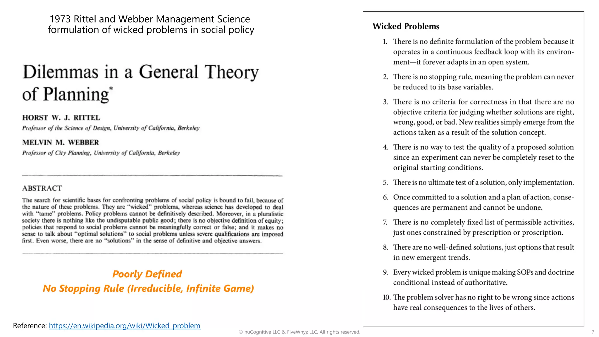 © nuCognitive LLC & FiveWhyz LLC. All rights reserved. 7
1973 Rittel and Webber Management Science
formulation of wicked problems in social policy
Reference: https://en.wikipedia.org/wiki/Wicked_problem
Poorly Defined
No Stopping Rule (Irreducible, Infinite Game)
 