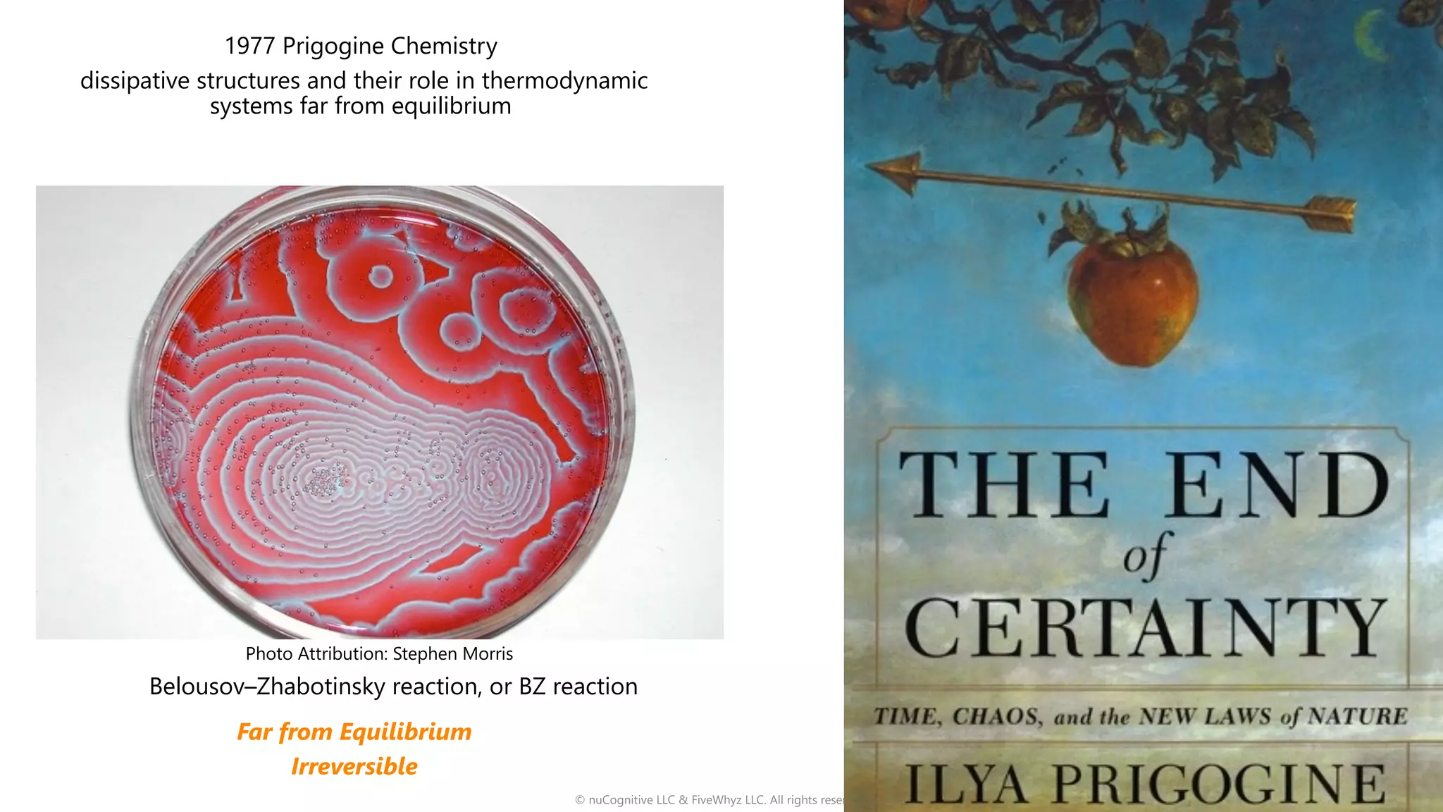 © nuCognitive LLC & FiveWhyz LLC. All rights reserved. 9
1977 Prigogine Chemistry
dissipative structures and their role in thermodynamic
systems far from equilibrium
Belousov–Zhabotinsky reaction, or BZ reaction
Photo Attribution: Stephen Morris
Far from Equilibrium
Irreversible
 