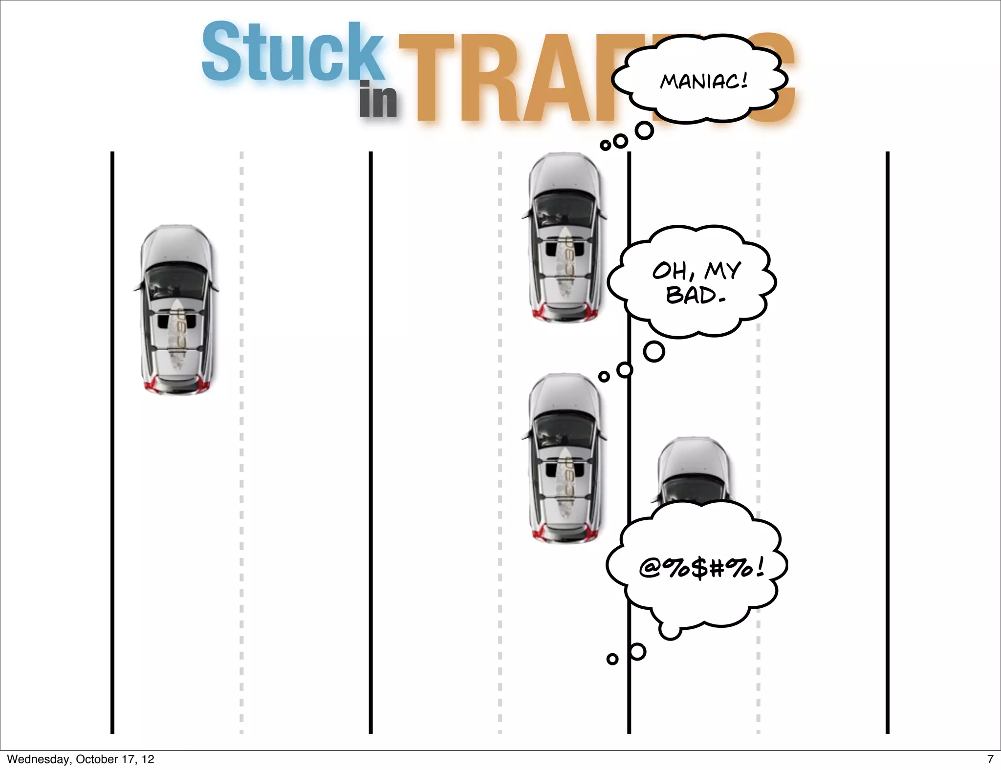 Stuck
                                 TRAFFIC
                                in
                                      maniAc!




                                     Oh, my
                                      bad.




                                     @%$#%!




Wednesday, October 17, 12                       7
 