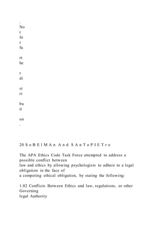 .
No
t
fo
r
fu
rt
he
r
di
st
ri
bu
ti
on
.
20 S o B E l M A n A n d S A n T o P I E T r o
The APA Ethics Code Task Force attempted to address a
possible conflict between
law and ethics by allowing psychologists to adhere to a legal
obligation in the face of
a competing ethical obligation, by stating the following:
1.02 Conflicts Between Ethics and law, regulations, or other
Governing
legal Authority
 