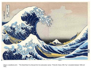 Ukiyo-e woodblock print - “The Great Wave” by Hokusai from his subscription series, “Thirty-Six Views of Mt. Fuji,” completed between 1826 and
1833.
 