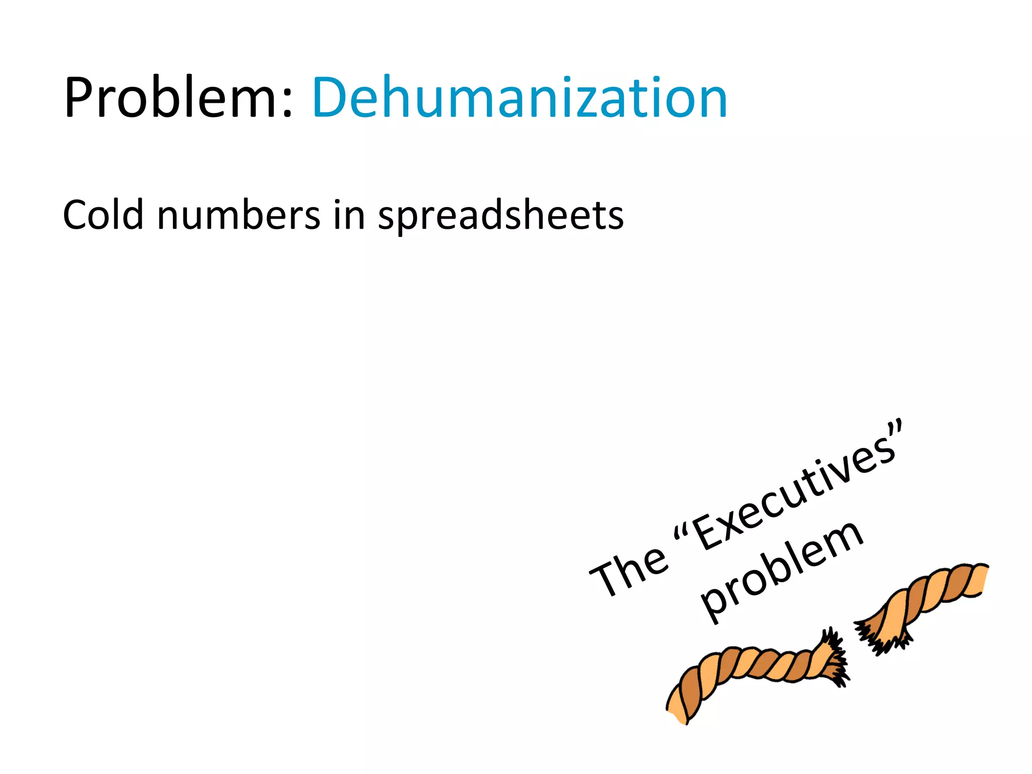 Problem: Dehumanization
Cold numbers in spreadsheets
 