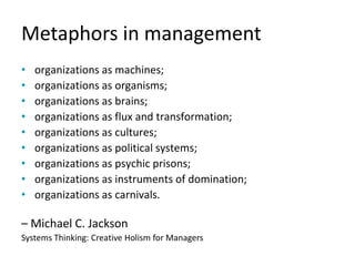 Metaphors in management
organizations as machines;•
organizations as organisms;•
organizations as brains;•
organizations a...