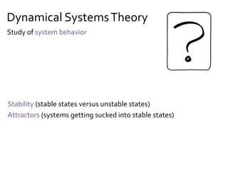 Game Theory
Competition versus cooperation
Zero sum games versus non-zero sum games
Strategies (including evolutionary stable strategies)
John von Neumann
(mathematician)
1903-1957
Study of co-adapting systems
 