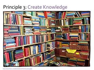 Principle 3: Create Knowledge
Yes, but…
Develop Competence =
skill * discipline * knowledge * social connectivity
And connectivity has more effect than knowledge
Cross, Rob et.al. The Hidden Power of Social Networks. Boston: Harvard Business School Press, 2004
And thus:
Competence in the system is more than knowledge
 
