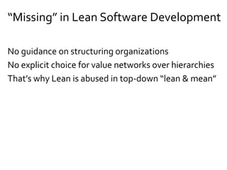 Agenda
What is complex systems theory?
What is lean software development?
Can we define complexity thinking?
Can we apply complexity thinking?
A new management model
7 principles of Lean software development
5 core practices of Kanban
Various lean practices
Conclusion
 