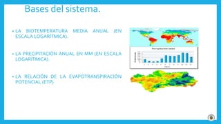 Bases del sistema.
• LA BIOTEMPERATURA MEDIA ANUAL (EN
ESCALA LOGARÍTMICA).
• LA PRECIPITACIÓN ANUAL EN MM (EN ESCALA
LOGARÍTMICA).
• LA RELACIÓN DE LA EVAPOTRANSPIRACIÓN
POTENCIAL (ETP)
 