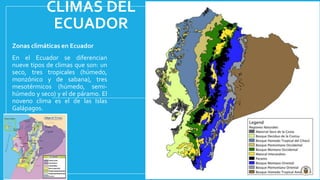 CLIMAS DEL
ECUADOR
Zonas climáticas en Ecuador
En el Ecuador se diferencian
nueve tipos de climas que son: un
seco, tres tropicales (húmedo,
monzónico y de sabana), tres
mesotérmicos (húmedo, semi-
húmedo y seco) y el de páramo. El
noveno clima es el de las Islas
Galápagos.
 
