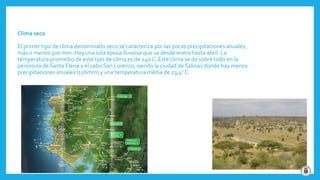 Clima seco
El primer tipo de clima denominado seco se caracteriza por las pocas precipitaciones anuales,
más o menos 500 mm. Hay una sola época lluviosa que va desde enero hasta abril. La
temperatura promedio de este tipo de clima es de 240 C. Este clima se da sobre todo en la
península de Santa Elena y el cabo San Lorenzo, siendo la ciudad de Salinas donde hay menos
precipitaciones anuales (126mm) y una temperatura media de 23,40 C.
 