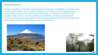 Clima mesotérmico
El clima mesotérmico húmedo se presenta en las vertientes occidentales y orientales de la
cordillera de los Andes. Es un cambio climático entre la Sierra y las dos regiones que la
limitan (Costa y Amazonía). Se da en altitudes de 500 y 1.500mt, los niveles de lluvia
anuales son de 2.000 a 4.000 mm y la lluvia es constante, creando una sola estación
lluviosa. La temperatura varía según la altitud; la vegetación es casi selvática, bosques que
lamentablemente están destruyéndose por la deforestación.
 
