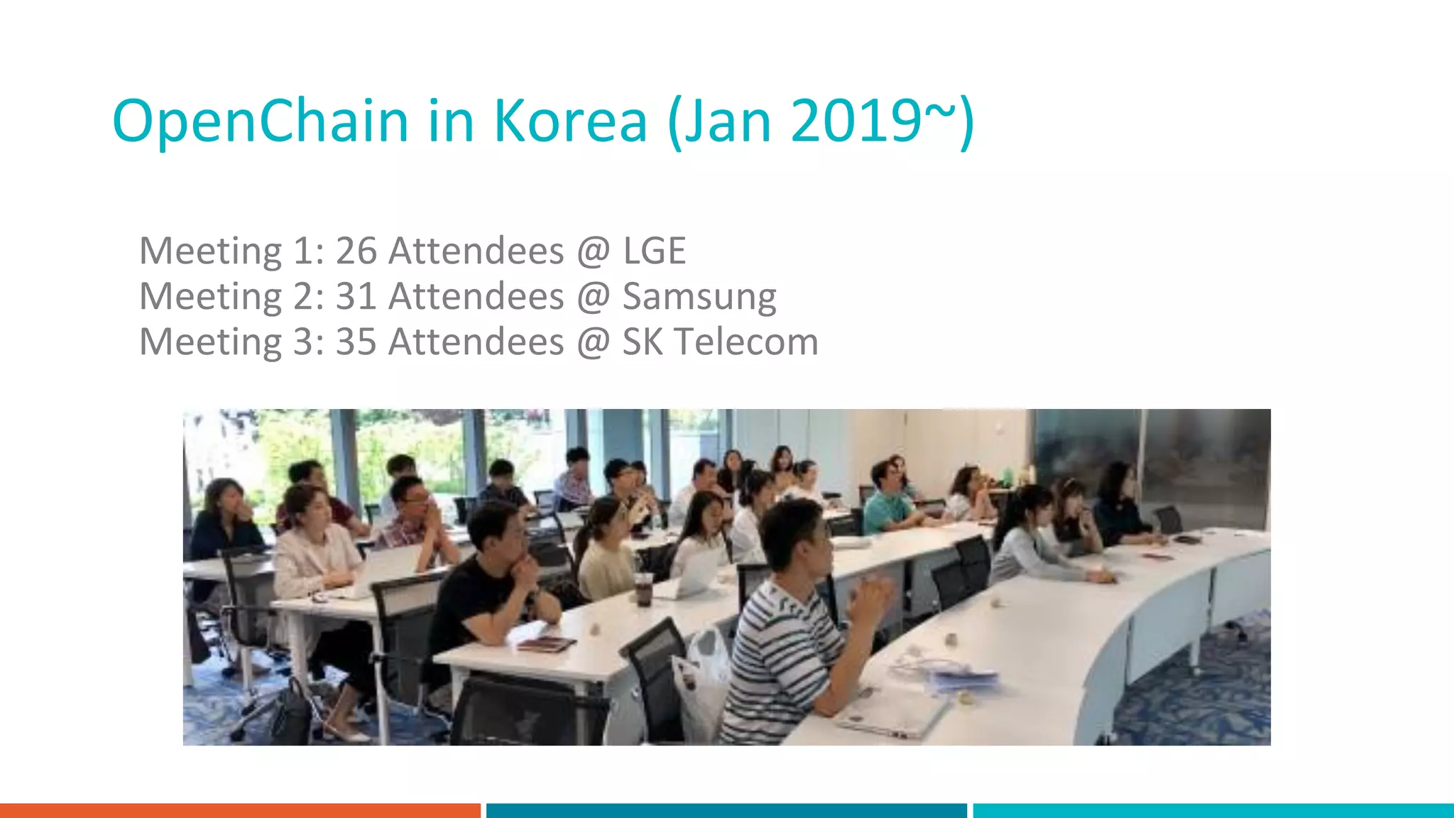OpenChain in Korea (Jan 2019~)
Meeting 1: 26 Attendees @ LGE
Meeting 2: 31 Attendees @ Samsung
Meeting 3: 35 Attendees @ SK Telecom
 