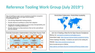 Reference Tooling Work Group (July 2019~)
Join Us in Creating a New Era for Open Source Compliance
Mailing List: oss-based-compliance-tooling@groups.io
Subscription page: https://groups.io/g/oss-based-compliance-tooling
Online meetings: Bi-weekly - Invitations are send to the mailing list
Website: https://oss-compliance-tooling.org/
And of course we are on GitHub:
https://github.com/Open-Source-Compliance/Sharing-creates-value
World-Wide Collaboration, World-Wide AvailabilityWe are building an open source compliance toolchain ecosystem
with open source tools as an open source project.
To accomplish this we:
• Use existing independent tooling projects
• Provide reference workflows to allow their adoption
• Provide the concepts and glue to ensure easy interoperability and
integration in existing environments
• Provide reference turnkey toolchains that can be used without
fees by anybody
Example Automation Implementation Using Open Source Tools
 