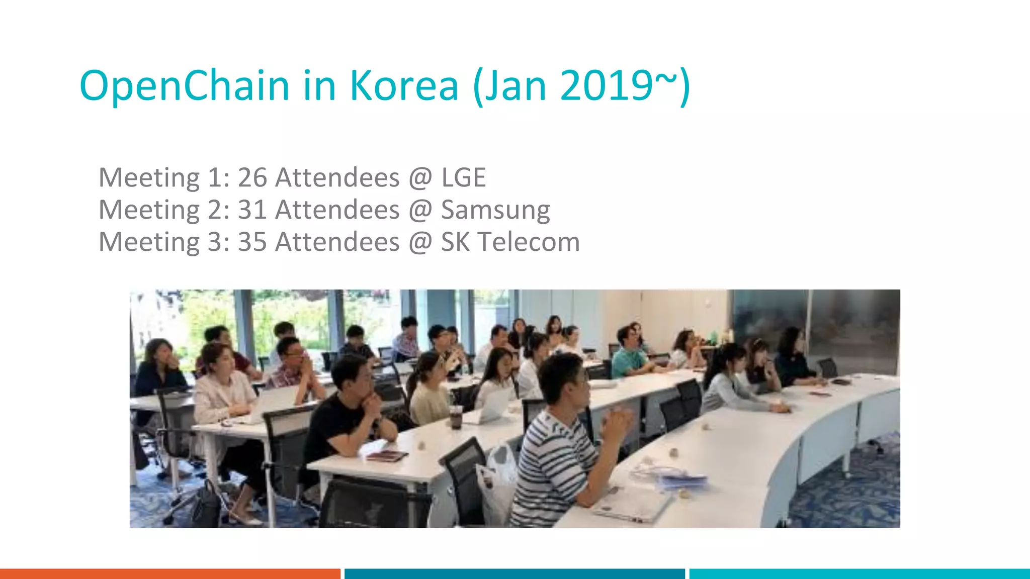 OpenChain in Korea (Jan 2019~)
Meeting 1: 26 Attendees @ LGE
Meeting 2: 31 Attendees @ Samsung
Meeting 3: 35 Attendees @ SK Telecom
 