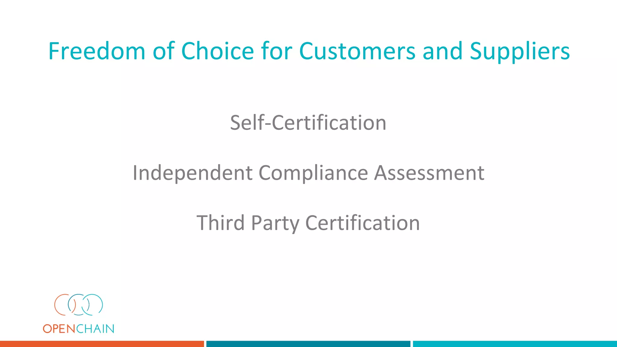 Self-Certification
Independent Compliance Assessment
Third Party Certification
Freedom of Choice for Customers and Suppliers
 