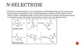  Chelation control enforces a syn-periplanar relationship between the amine and
ketone groups and leads to the anti-diastereomer, whereas Felkin-Anh control,
which utilizes a dihedral angle of about 90° between the amine and ketone groups
to minimize stereo-electronic interactions, leads to the syn-diastereomer
15
 