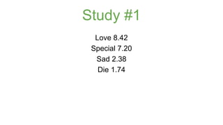 Study #1 
Love 8.42 
Special 7.20 
Sad 2.38 
Die 1.74 
 
