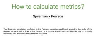 How to calculate metrics? 
Spearman x Pearson 
The Spearman correlation coefficient is the Pearson correlation coefficient applied to the ranks of the 
degrees at each end of links in the network, is a non-parametric test that does not rely on normally 
distributed data and is much less sensitive to outliers. 
 