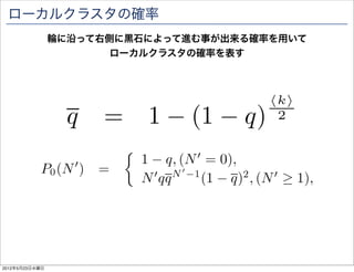 完全クラスタの構成要素
       ショートカットも含めた成分（完全クラスタ）は
   1個のローカルクラスタと複数の完全クラスタの結合で表現出来る




2012年5月23日水曜日
 