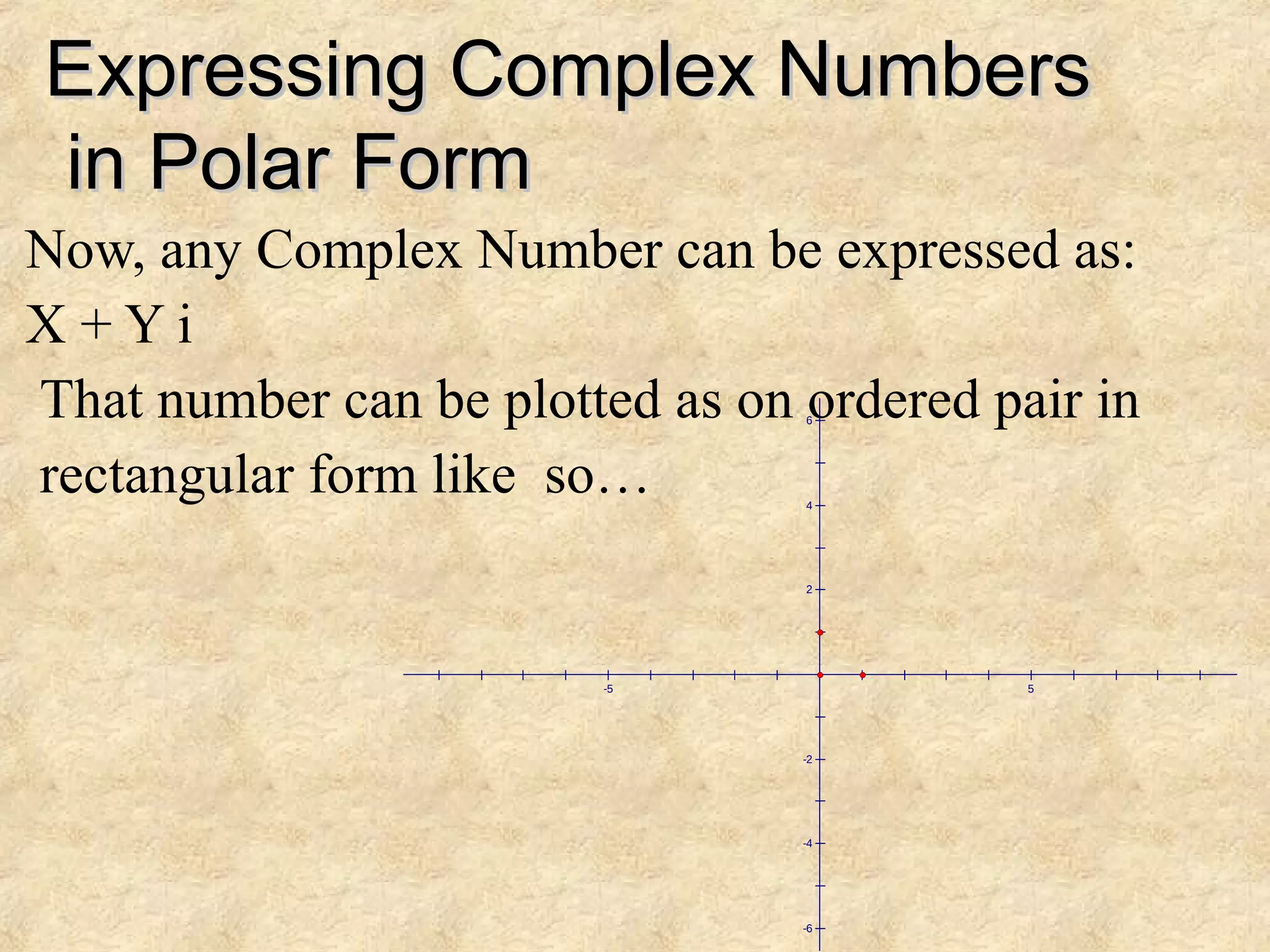 Expressing Complex NumbersExpressing Complex Numbers
in Polar Formin Polar Form
Now, any Complex Number can be expressed as:
X + Y i
That number can be plotted as on ordered pair in
rectangular form like so…
6
4
2
-2
-4
-6
-5 5
 