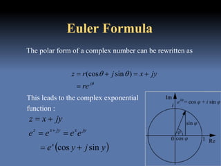Euler Formula


j
re
jyxjrz

 )sin(cos
 yjye
eeee
jyxz
x
jyxjyxz
sincos 



This leads to the complex exponential
function :
The polar form of a complex number can be rewritten as
 