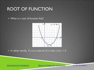 ROOT OF FUNCTION




Diophantus’s problem   Back to Table of contents   Cubic Example
 
