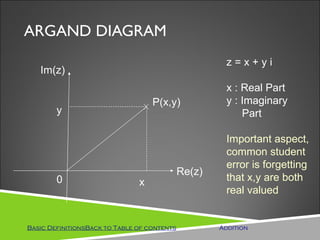 ARGAND DIAGRAM
                                                       z=x+yi
   Im(z)
                                                       x : Real Part
                                   P(x,y)              y : Imaginary
        y                                                  Part

                                                       Important aspect,
                                                       common student
                                                       error is forgetting
                                             Re(z)
        0                      x                       that x,y are both
                                                       real valued


Basic DefinitionsBack to Table of contents           Addition
 