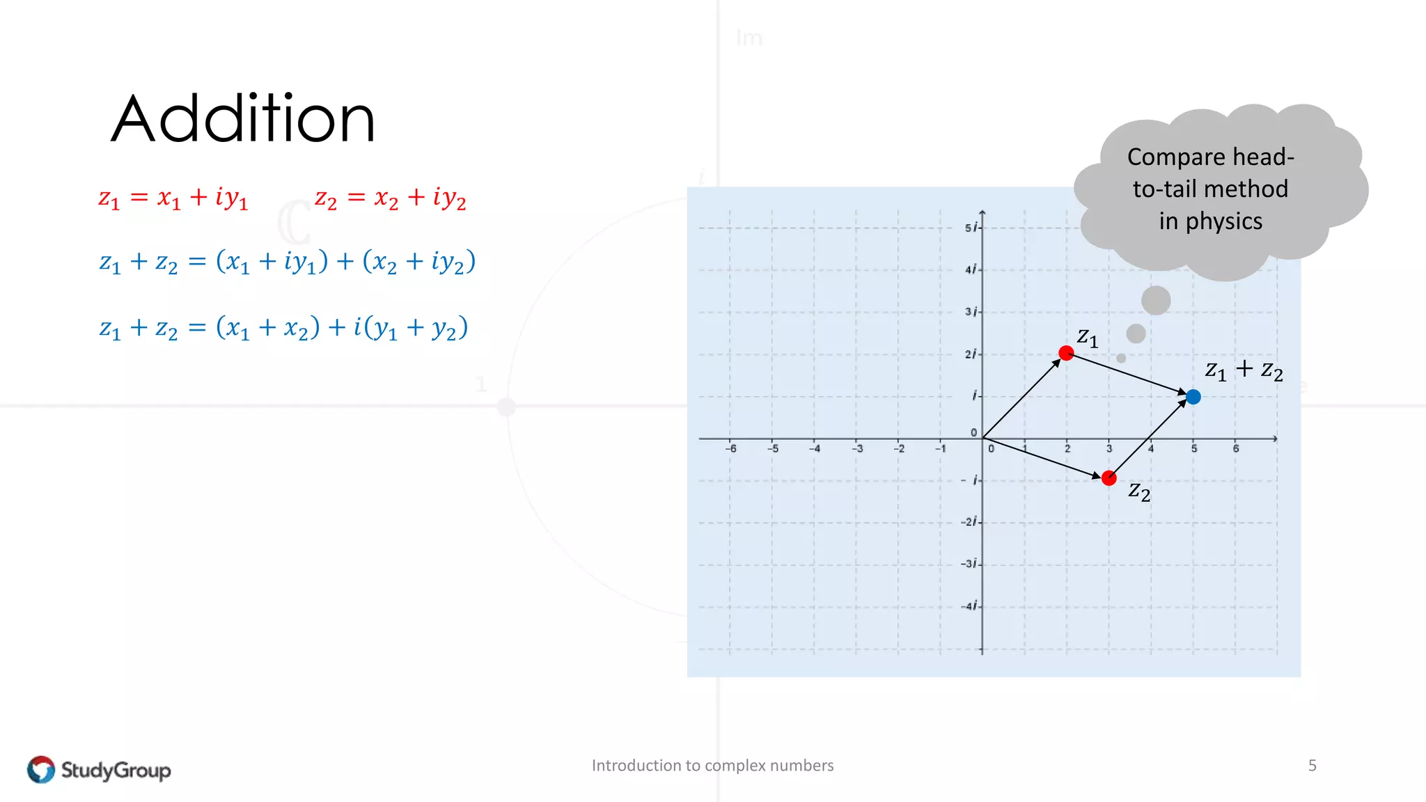 Norm 
The norm of a complex nr is a measure of its magnitude. 
It equals the distance from the origin. 
Introduction to complex numbers 5 
푧 = 푥 + 푖푦 
푧1 
푧2 
푧 = 푥2 + 푦2 
Example 
푧1 = 22 + 22 = 2 2 
푧2 = 32 + 42 = 5 
5 
 