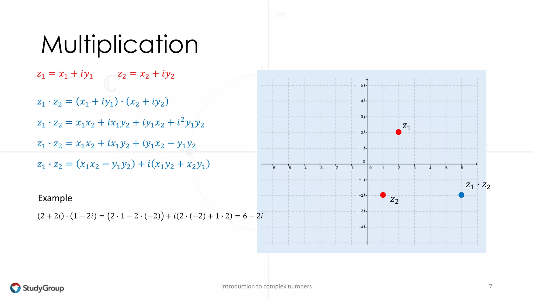 Subtraction 
푧1 − 푧2 = 푥1 + 푖푦1 − 푥2 + 푖푦2 푧1 − 푧2 
Introduction to complex numbers 7 
푧1 = 푥1 + 푖푦1 푧2 = 푥2 + 푖푦2 
푧1 
푧2 
푧1 − 푧2 = 푥1 − 푥2 + 푖 푦1 − 푦2 
푧2 − 푧1 
Compare 
difference 
vector in physics 
 