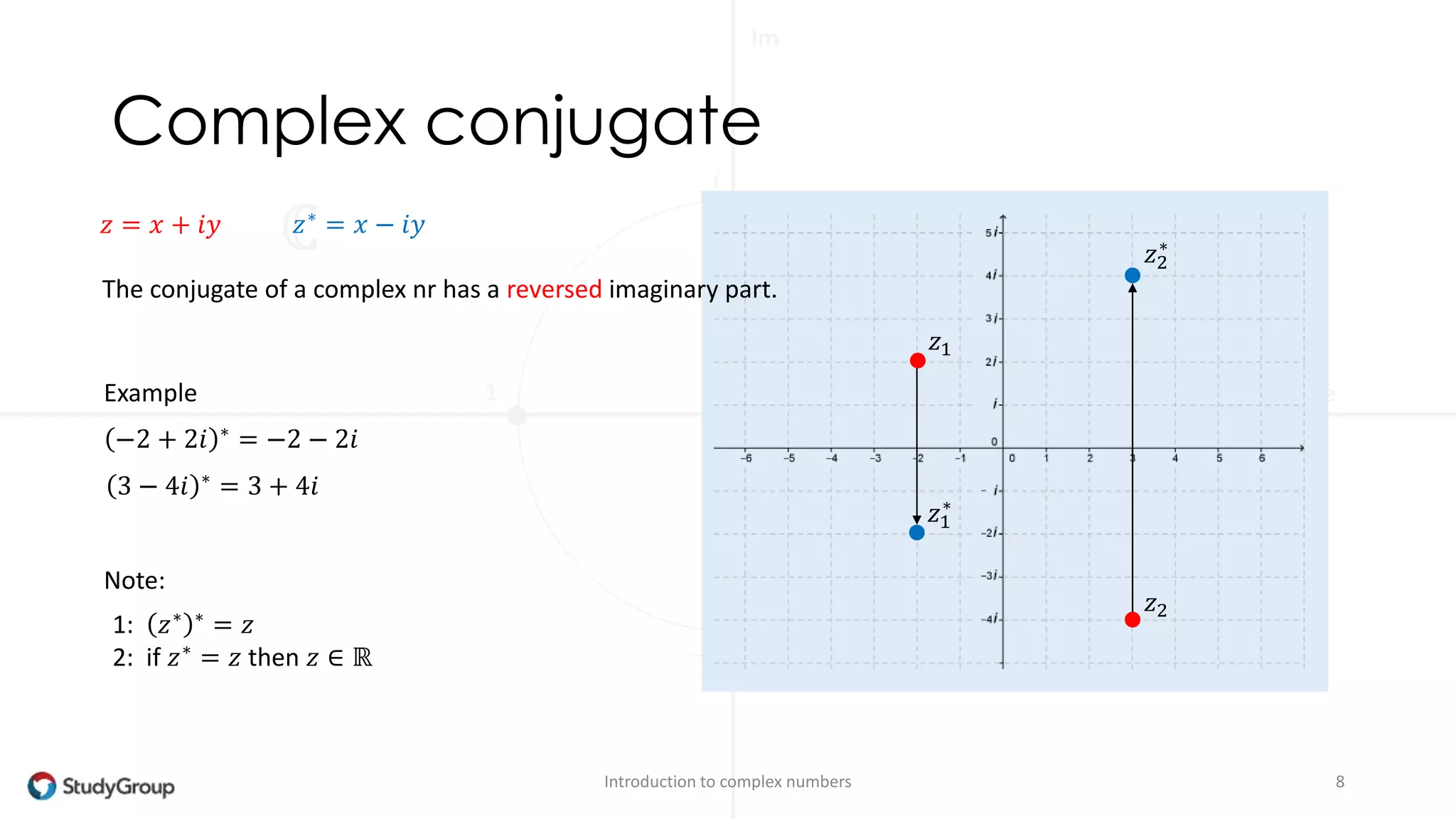 Multiplication 
Introduction to complex numbers 8 
푧1 = 푥1 + 푖푦1 푧2 = 푥2 + 푖푦2 
푧1 ∙ 푧2 = 푥1 + 푖푦1 ∙ 푥2 + 푖푦2 
푧1 ∙ 푧2 = 푥1푥2 + 푖푥1푦2 + 푖푦1푥2 + 푖2푦1푦2 푧1 
푧2 
푧1 ∙ 푧2 
푧1 ∙ 푧2 = 푥1푥2 + 푖푥1푦2 + 푖푦1푥2 − 푦1푦2 
푧1 ∙ 푧2 = 푥1푥2 − 푦1푦2 + 푖 푥1푦2 + 푥2푦1 
Example 
2 + 2푖 ∙ 1 − 2푖 = 2 ∙ 1 − 2 ∙ −2 + 푖 2 ∙ −2 + 1 ∙ 2 = 6 − 2푖 
 