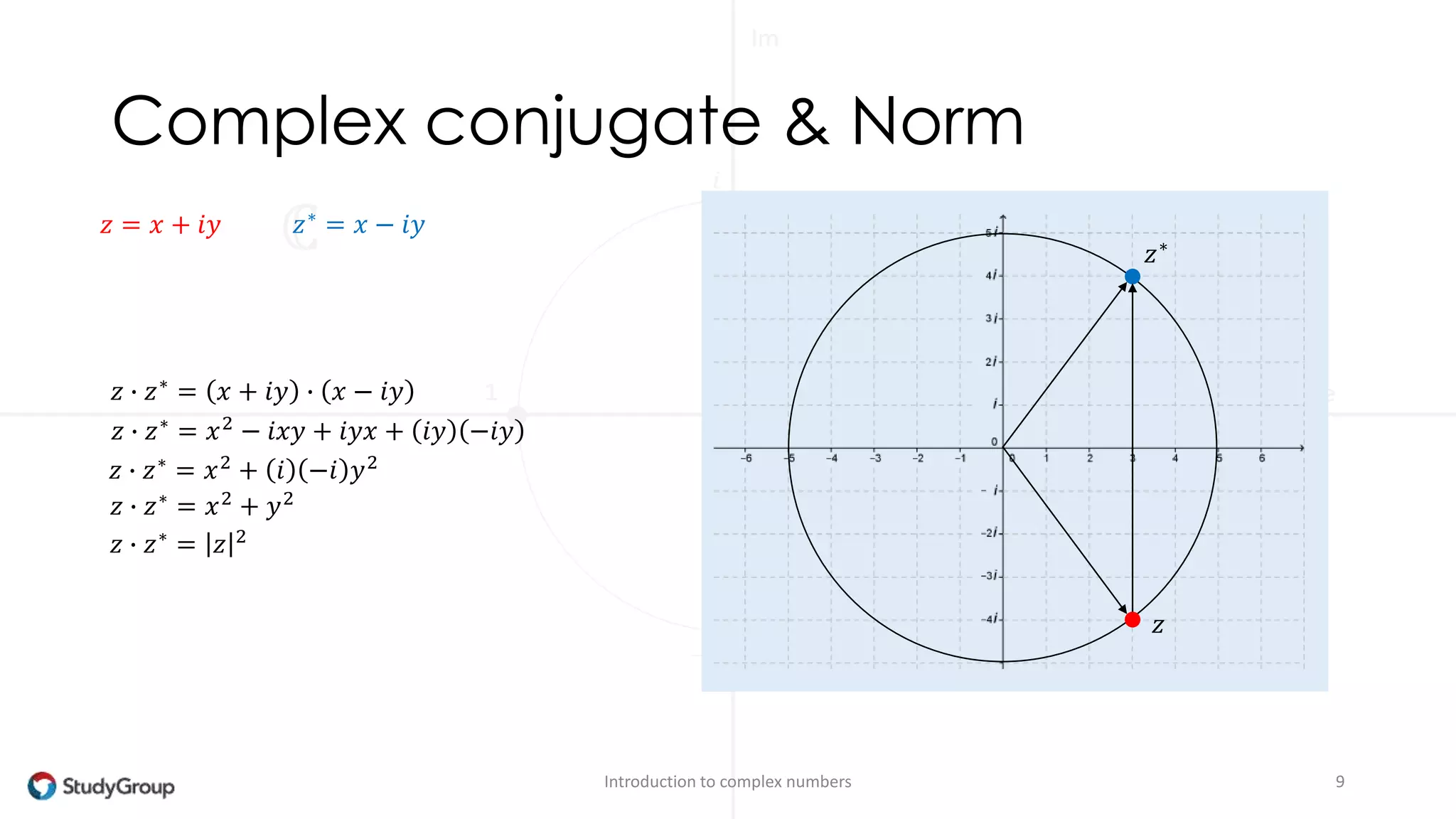 Complex conjugate 
∗ 
The conjugate of a complex nr has a reversed imaginary part. 
∗ 
Introduction to complex numbers 9 
푧 = 푥 + 푖푦 
푧1 
푧2 
Example 
푧∗ = 푥 − 푖푦 
푧1 
푧2 
−2 + 2푖 ∗ = −2 − 2푖 
3 − 4푖 ∗ = 3 + 4푖 
Note: 
1: 푧∗ ∗ = 푧 
2: if 푧∗ = 푧 then 푧 ∈ ℝ 
 