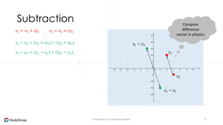 Addition 
Compare head-to- 
tail method 
in physics 
Introduction to complex numbers 6 
푧1 = 푥1 + 푖푦1 푧2 = 푥2 + 푖푦2 
푧1 + 푧2 = 푥1 + 푖푦1 + 푥2 + 푖푦2 
푧1 + 푧2 = 푥1 + 푥2 + 푖 푦1 + 푦2 푧1 
푧2 
푧1 + 푧2 
 