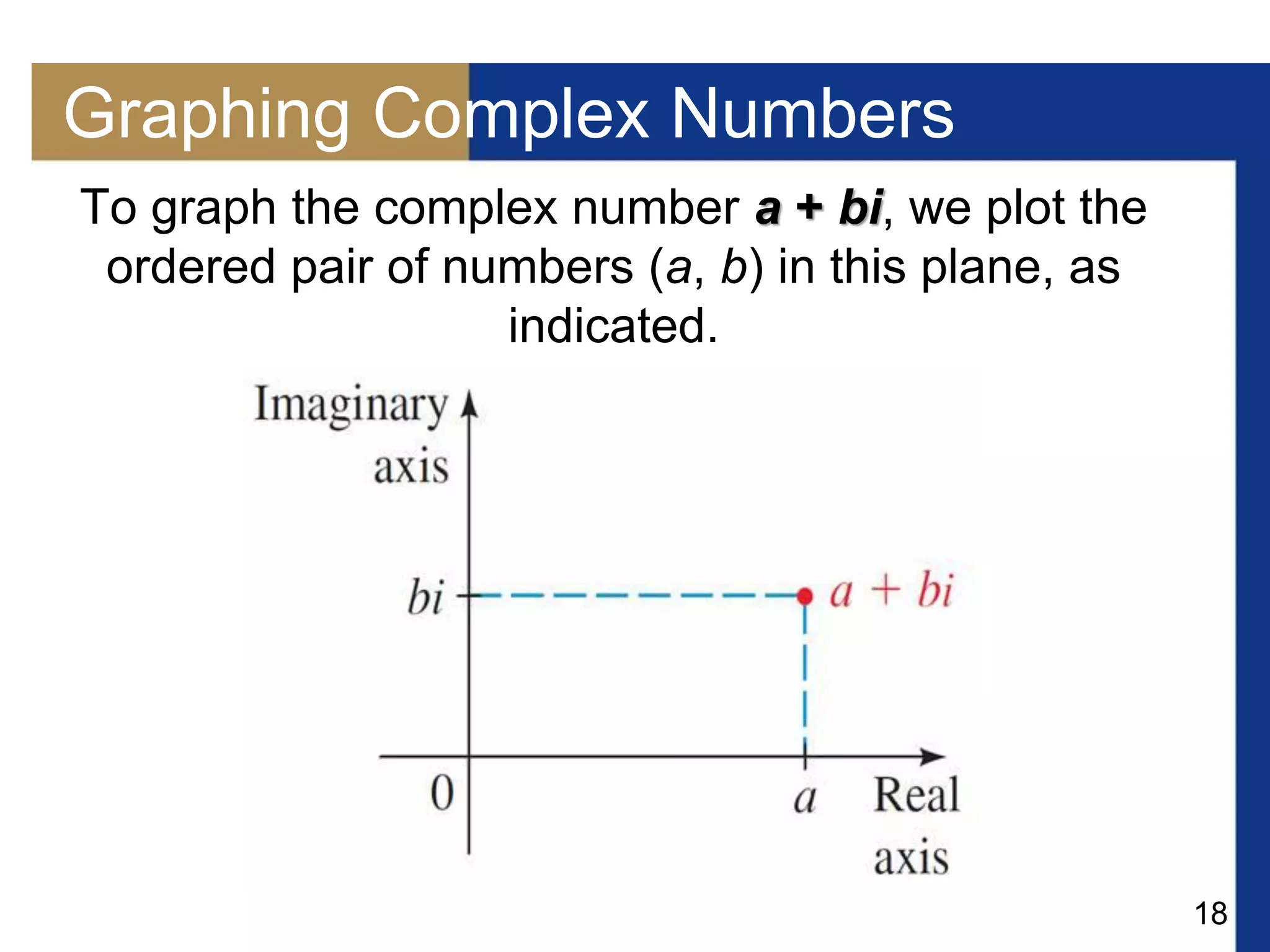 18
Graphing Complex Numbers
To graph the complex number a + bi, we plot the
ordered pair of numbers (a, b) in this plane, as
indicated.
 