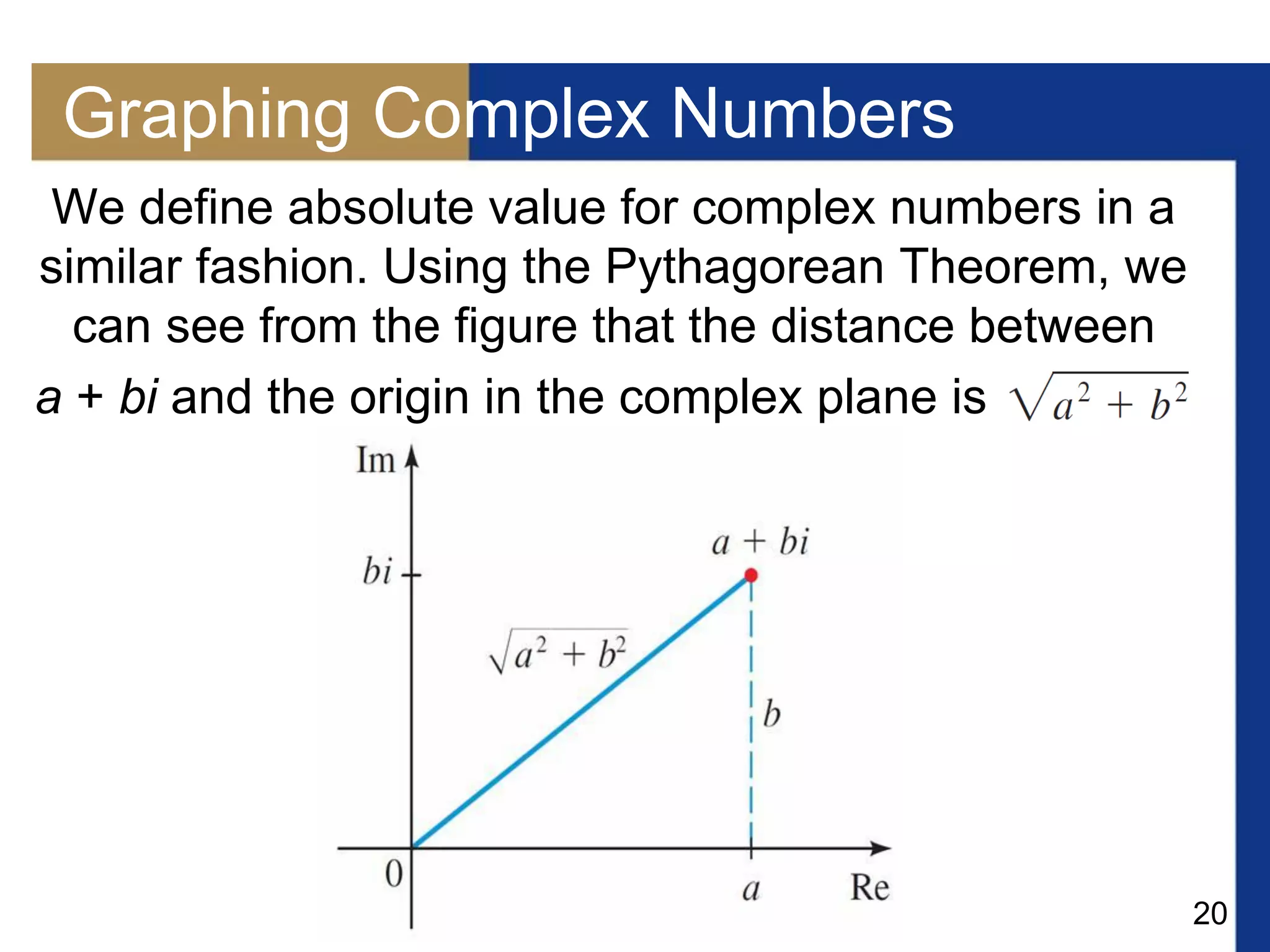 20
Graphing Complex Numbers
We define absolute value for complex numbers in a
similar fashion. Using the Pythagorean Theorem, we
can see from the figure that the distance between
a + bi and the origin in the complex plane is .
 