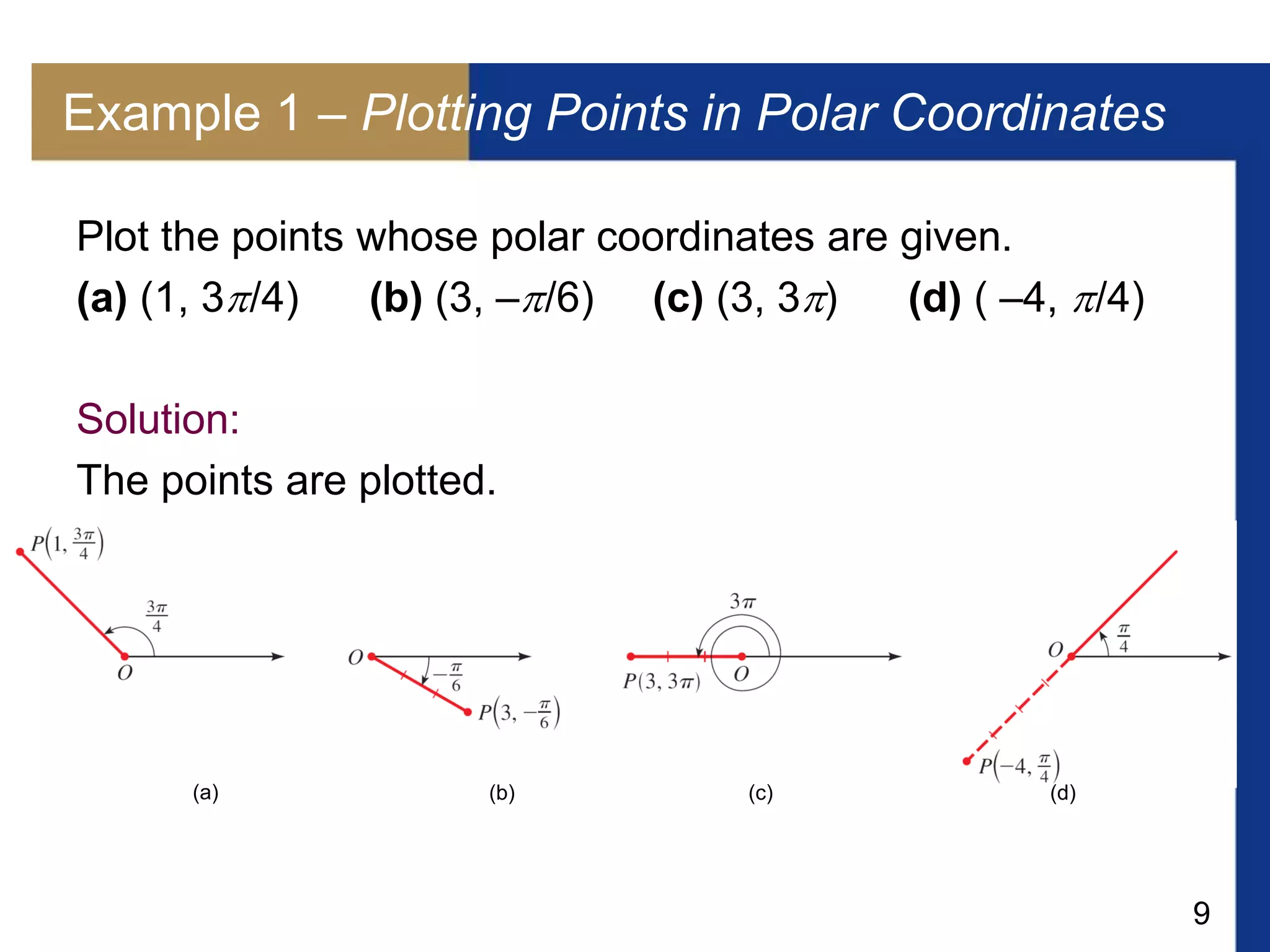 9
Example 1 – Plotting Points in Polar Coordinates
Plot the points whose polar coordinates are given.
(a) (1, 3/4) (b) (3, –/6) (c) (3, 3) (d) ( –4, /4)
Solution:
The points are plotted.
(a) (b) (c) (d)
 