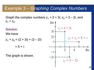 19
Example 3 – Graphing Complex Numbers
Graph the complex numbers z1 = 2 + 3i, z2 = 3 – 2i, and
z1 + z2.
Solution:
We have
z1 + z2 = (2 + 3i) + (3 – 2i)
= 5 + i.
The graph is shown.
 