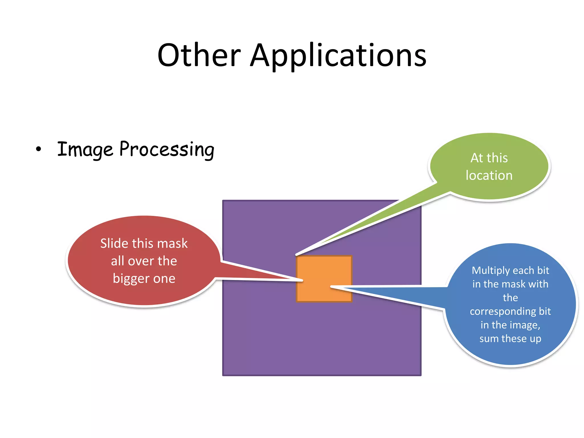 Other Applications

• Image Processing                   At this
                                    location



      Slide this mask
        all over the
                                    Multiply each bit
         bigger one                  in the mask with
                                            the
                                    corresponding bit
                                       in the image,
                                       sum these up
 