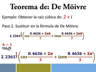 Ejemplo: Obtener la raíz cúbica de: 2 + i
Paso 2. Sustituir en la fórmula de De Möivre.
 