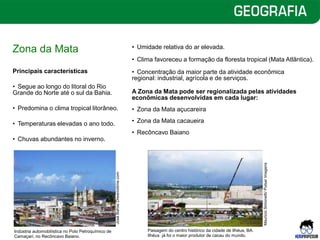 Zona da Mata
Principais características
• Segue ao longo do litoral do Rio
Grande do Norte até o sul da Bahia.
• Predomina o clima tropical litorâneo.
• Temperaturas elevadas o ano todo.
• Chuvas abundantes no inverno.
• Umidade relativa do ar elevada.
• Clima favoreceu a formação da floresta tropical (Mata Atlântica).
• Concentração da maior parte da atividade econômica
regional: industrial, agrícola e de serviços.
A Zona da Mata pode ser regionalizada pelas atividades
econômicas desenvolvidas em cada lugar:
• Zona da Mata açucareira
• Zona da Mata cacaueira
• Recôncavo Baiano
Paisagem do centro histórico da cidade de Ilhéus, BA.
Ilhéus já foi o maior produtor de cacau do mundo.
Indústria automobilística no Polo Petroquímico de
Camaçari, no Recôncavo Baiano.
José
Bahia/
Dreamstime.com
Mauricio
Simonetti/
Pulsar
Imagens
 