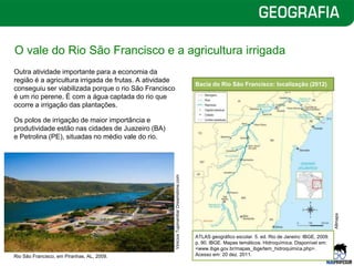 O vale do Rio São Francisco e a agricultura irrigada
Outra atividade importante para a economia da
região é a agricultura irrigada de frutas. A atividade
conseguiu ser viabilizada porque o rio São Francisco
é um rio perene. É com a água captada do rio que
ocorre a irrigação das plantações.
Os polos de irrigação de maior importância e
produtividade estão nas cidades de Juazeiro (BA)
e Petrolina (PE), situadas no médio vale do rio.
Rio São Francisco, em Piranhas, AL, 2009.
Bacia do Rio São Francisco: localização (2012)
ATLAS geográfico escolar. 5. ed. Rio de Janeiro: IBGE, 2009.
p. 90. IBGE. Mapas temáticos. Hidroquímica. Disponível em:
<www.ibge.gov.br/mapas_ibge/tem_hidroquimica.php>.
Acesso em: 20 dez. 2011.
Vinicius
Tupinamba/
Dreamstime.com
Allmaps
 