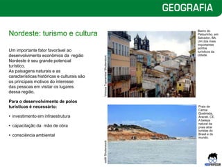 Nordeste: turismo e cultura
Um importante fator favorável ao
desenvolvimento econômico da região
Nordeste é seu grande potencial
turístico.
As paisagens naturais e as
características históricas e culturais são
os principais motivos do interesse
das pessoas em visitar os lugares
dessa região.
Para o desenvolvimento de polos
turísticos é necessário:
• investimento em infraestrutura
• capacitação da mão de obra
• consciência ambiental
Bairro do
Pelourinho, em
Salvador, BA.
Um dos mais
importantes
pontos
turísticos da
cidade.
Praia de
Canoa
Quebrada,
Aracati, CE.
A beleza
natural da
praia atrai
turistas do
Brasil e do
mundo.
Vinicius
Tupinamba/
Shutterstock
ostill/
Shutterstock
 