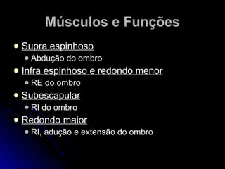  Supra espinhosoSupra espinhoso
 Abdução do ombroAbdução do ombro
 Infra espinhoso e redondo menorInfra espinhoso e redondo menor
 RE do ombroRE do ombro
 SubescapularSubescapular
 RI do ombroRI do ombro
 Redondo maiorRedondo maior
 RI, adução e extensão do ombroRI, adução e extensão do ombro
Músculos e FunçõesMúsculos e Funções
 