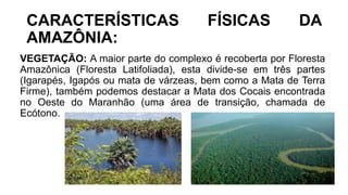 CARACTERÍSTICAS FÍSICAS DA
AMAZÔNIA:
VEGETAÇÃO: A maior parte do complexo é recoberta por Floresta
Amazônica (Floresta Latifoliada), esta divide-se em três partes
(Igarapés, Igapós ou mata de várzeas, bem como a Mata de Terra
Firme), também podemos destacar a Mata dos Cocais encontrada
no Oeste do Maranhão (uma área de transição, chamada de
Ecótono.
 