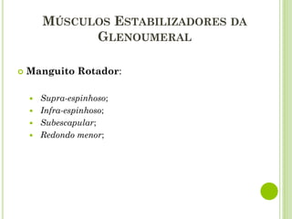 MÚSCULOS ESTABILIZADORES DA
GLENOUMERAL
 Manguito Rotador:
 Supra-espinhoso;
 Infra-espinhoso;
 Subescapular;
 Redondo menor;
 