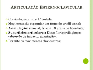 ARTICULAÇÃO ESTERNOCLAVICULAR
 Clavícula, esterno e 1.ª costela;
 Movimentação escapular em torno do gradil costal;
 Articulação: sinovial, triaxial, 3 graus de liberdade;
 Superfícies articulares: Disco fibrocartilaginoso:
(absorção de impacto, adaptação);
 Permite os movimentos claviculares;
 