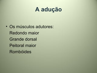 A adução
• Os músculos adutores:
Redondo maior
Grande dorsal
Peitoral maior
Rombóides
 