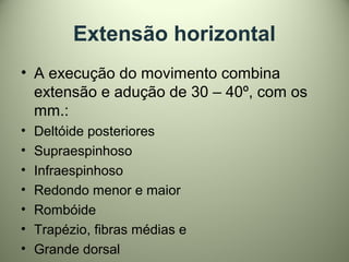 Extensão horizontal
• A execução do movimento combina
extensão e adução de 30 – 40º, com os
mm.:
• Deltóide posteriores
• Supraespinhoso
• Infraespinhoso
• Redondo menor e maior
• Rombóide
• Trapézio, fibras médias e
• Grande dorsal
 