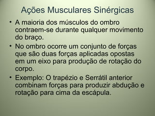 Ações Musculares Sinérgicas
• A maioria dos músculos do ombro
contraem-se durante qualquer movimento
do braço.
• No ombro ocorre um conjunto de forças
que são duas forças aplicadas opostas
em um eixo para produção de rotação do
corpo.
• Exemplo: O trapézio e Serrátil anterior
combinam forças para produzir abdução e
rotação para cima da escápula.
 