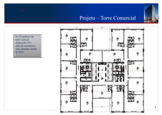 Projeto – Torre Comercial


Os 18 andares da
torre vertical
oferecerão 279
salas de escritórios
com tamanho médio
de 50m².




                       5055




                                                          8
 
