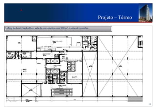 Projeto – Térreo
Lobby do hotel, backoffice, sala de convenções com 900 m² e salas de reuniões.




                                          5055




                                                                                                    12
 