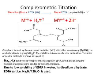 Complexometric Titration
Metal ion (M+) + EDTA (HY) Metal-EDTA complex (MY) + H+
M+n + H2Y-2 MYn-4 + 2H+
Na4-xHxY can be used to represent any species of EDTA, with x designating the
number of acidic protons bonded to the EDTA molecule.
Due to low solubility of EDTA in water, its disodium dihydrate
EDTA salt i.e. Na2H2Y.2H2O is used.
Complex is formed by the reaction of metal ion (Mn+) with either an anion e.g.[Ag(CN)2]- or
neutral molecule e.g.[Ag(NH3)2]+ The metal ion is known as Central metal atom. The anion
or neutral molecule is known as Ligand (L)
 